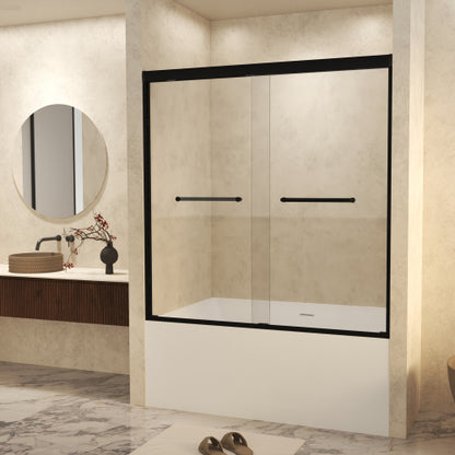 56-60" W × 60" H Tempered Glass with Explosion Proof Film, Aluminum Frame Double Sliding Shower Door, "1/4 (6 mm), Stainless Steel handle, Matte Black
