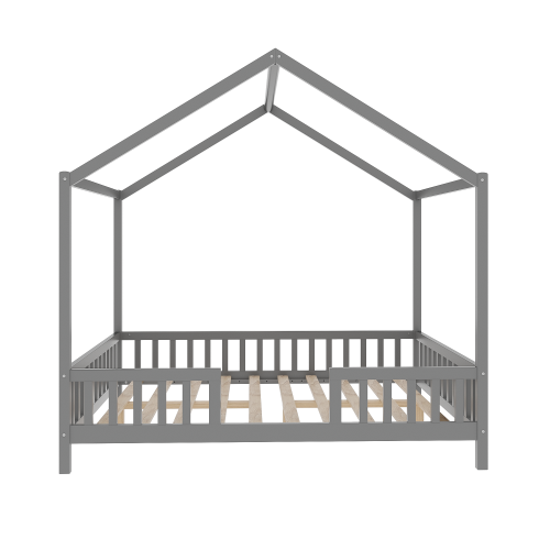 Montessori Floor Bed with Canopy, Full Bed Frame for Kids, House Shape Toddler Bed Frame with High Railings, Wood Kids Bed with Roof, Kid Full Bed, Grey