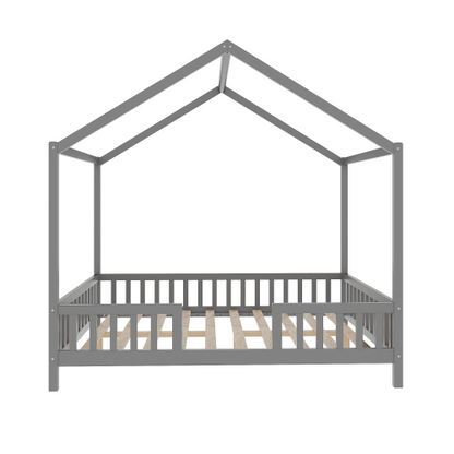 Montessori Floor Bed with Canopy, Full Bed Frame for Kids, House Shape Toddler Bed Frame with High Railings, Wood Kids Bed with Roof, Kid Full Bed, Grey