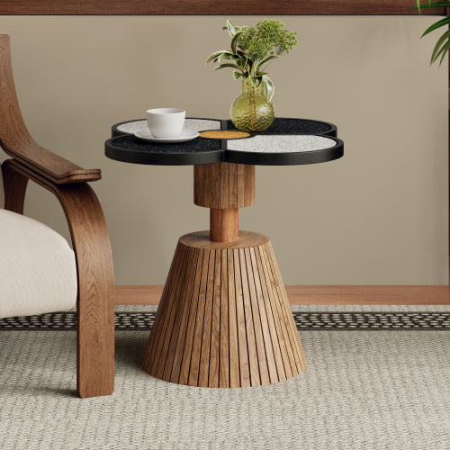 Four-Leaf Clover Decorative Side Table, Stone Texture Top Wood-Grain Base Accent Table