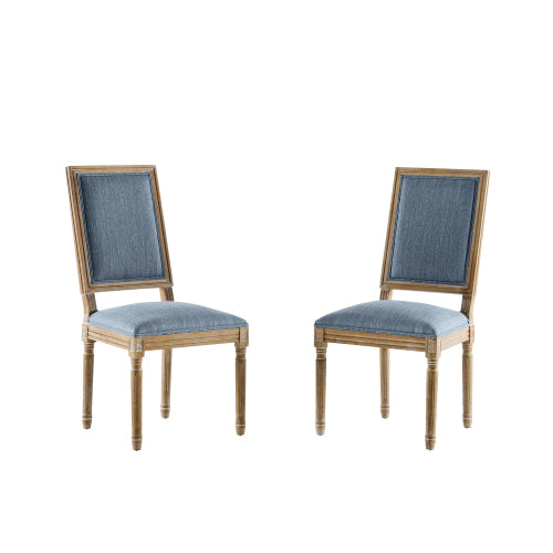 Set of 2 French Country Rubberwood Dining Chairs, Cane Back, Upholstered Seat, Fluted Legs, Weathered Vintage Finish