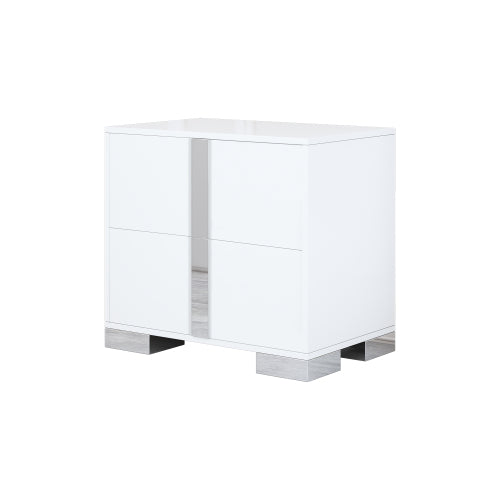 White Mirrored Nightstand with Metal Legs and 2 Drawers