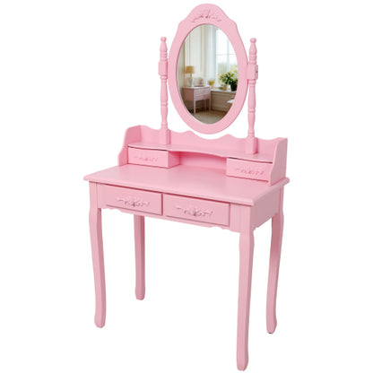 Pink Princess Vanity Desk Set with Mirror & Cushioned Stool, 4-Drawer Wooden Makeup Vanity Table for Girls' Bedroom, Dressing Table with Ample Storage