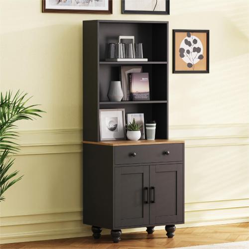 Black Farmhouse Tall Storage Cabinet With Gourd-Shaped Solid Wood Legs