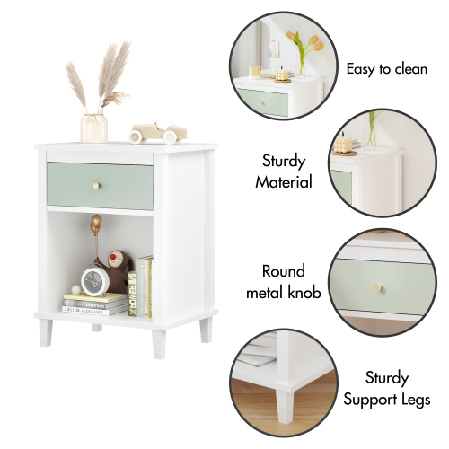 26.77''H Kids Nightstand with Drawer and Shelf, Sage and White Storage Table