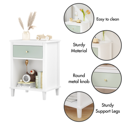26.77''H Kids Nightstand with Drawer and Shelf, Sage and White Storage Table