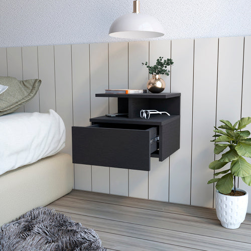 Black Wengue Floating Nightstand, Wall-Mounted Single Drawer & Top Shelf Storage Side Table
