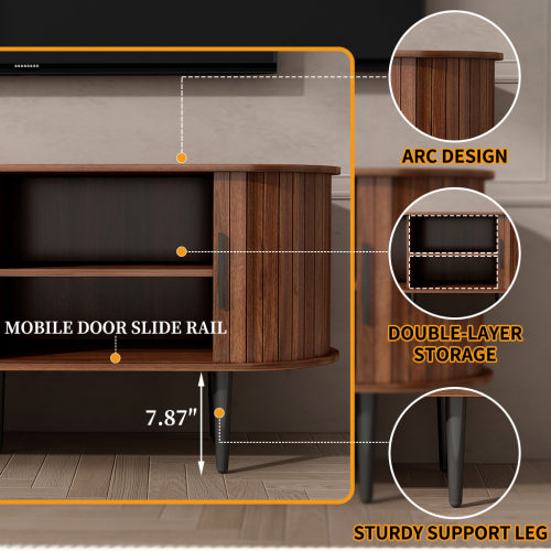 Walnut Modern Sliding Door TV Stand 47 Inch Living Room Entertainment Console Table