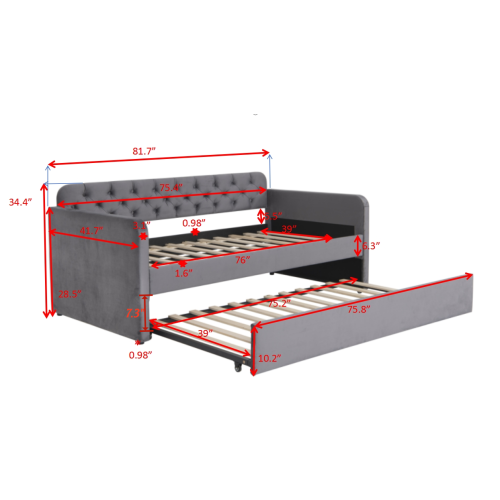 Twin Size Upholstered Daybed with Trundle and USB Charging Design, Velvet Upholstered Daybed Frame, Twin Sofa Bed for Living Room Bedroom, No Box Spring Needed,Plush velvet fabric dark grey 18
