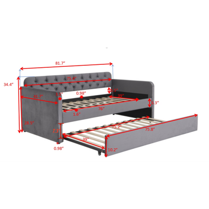Twin Size Upholstered Daybed with Trundle and USB Charging Design, Velvet Upholstered Daybed Frame, Twin Sofa Bed for Living Room Bedroom, No Box Spring Needed,Plush velvet fabric dark grey 18