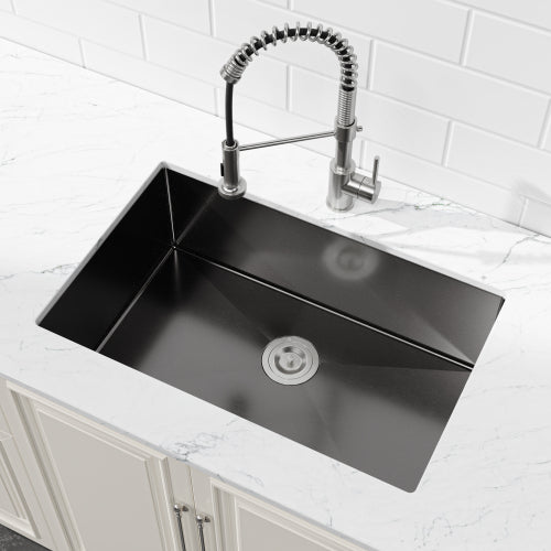 Stainless Steel Kitchen Sink, 27″x19″ Single Bowl, Undermount Handmade Sink in Black, with US Standard Drain and Hook