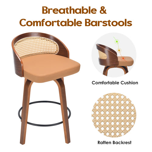 Swivel Bar Stools Set of 2, Modern Wood Frame with Rattan Back, PU Leather Stool for Kitchen Counter, Mid Century Upholstered Barstools with Footrest,Industrial Counter Height Stools