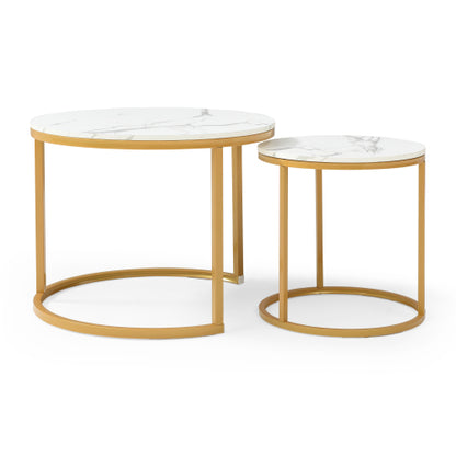 Set of 2 Nesting Round Coffee Tables, White & Gray Top with Golden Metal Frame