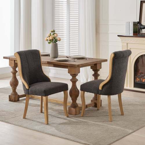 Set of 2 Gray Snow Velvet Mid-Century Dining Chairs, Curved Solid Wood Trim & Sculpted Leg Accent Chairs