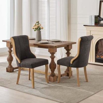 Set of 2 Gray Snow Velvet Mid-Century Dining Chairs, Curved Solid Wood Trim & Sculpted Leg Accent Chairs