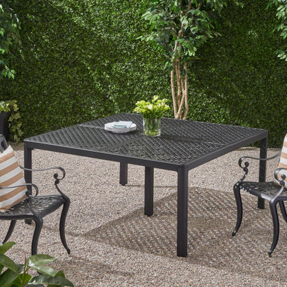 Outdoor Modern Aluminum Dining Table with Woven Accents, Antique Matte Black