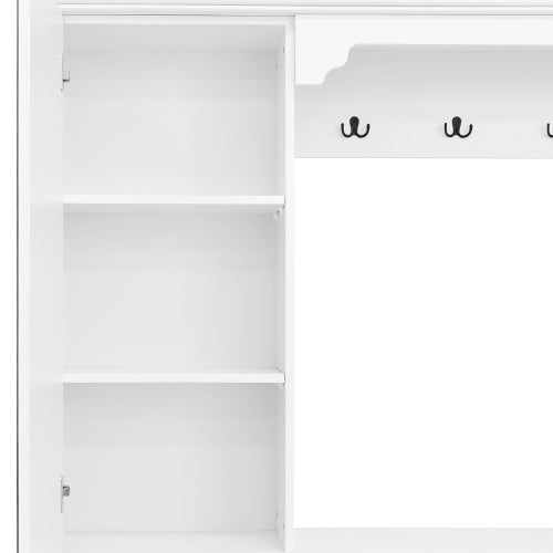54.7 inch Hall Tree with Integrated Shoe Cabinet and Mirrored Cabinet Door, Coat Hanger, Entryway Bench, 4-in-1 Design, 2 Flip Drawers, 4 Hooks and 2 Cabinets for Entrance,Living Room
