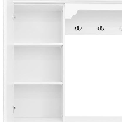 54.7 inch Hall Tree with Integrated Shoe Cabinet and Mirrored Cabinet Door, Coat Hanger, Entryway Bench, 4-in-1 Design, 2 Flip Drawers, 4 Hooks and 2 Cabinets for Entrance,Living Room