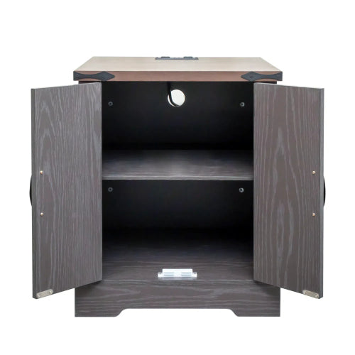 Farmhouse End Table with Charging Station, Rustic Nightstand with Barn Doors and Adjustable Shelf, Walnut Top Grey Cabinet