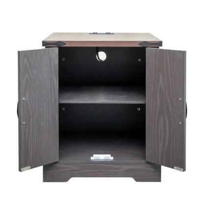 Farmhouse End Table with Charging Station, Rustic Nightstand with Barn Doors and Adjustable Shelf, Walnut Top Grey Cabinet