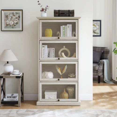 White 4-Tier Tempered Glass Display Cabinet Flip-Up Door Household Collectible Toy Book Storage Showcase Cabinet