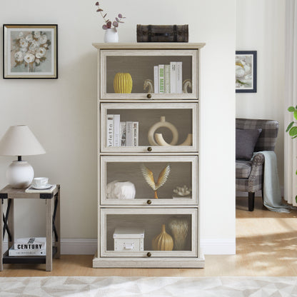 White 4-Tier Tempered Glass Display Cabinet Flip-Up Door Household Collectible Toy Book Storage Showcase Cabinet