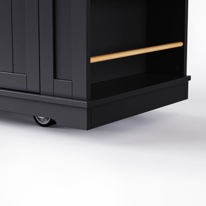 53inch Large Kitchen Island with Drop Leaf, Power Outlet, Door Internal Storage Rack, Rolling Kitchen Cart on 5 Wheels with 5 Open Side Racks for Kitchen, Dining Room,Black(Not include bar stools)