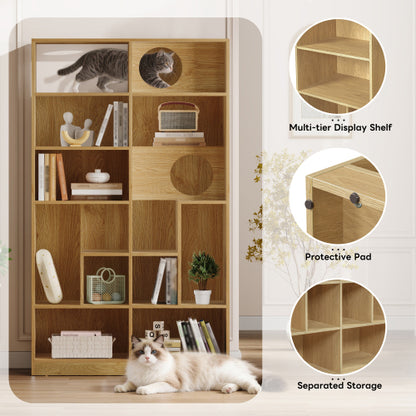 Modern Cat House Bookshelf with Storage and Litter Box Natural