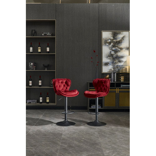 Set of 2 Bar Stools with powder Footrest and Base Swivel Height Adjustable Mechanical Lifting Velvet + powder Leg Simple Bar Stool-RED
