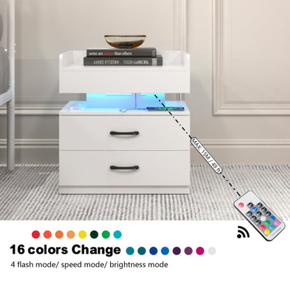 LED Nightstand with 2 Drawers and Adjustable Light Strip, Modern Bedside Storage Table