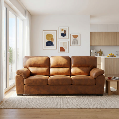 81 inch  Light-Brown 3-Seater Retro Foil-Fabric Sofa,Padded Armrests,Black Triangle Legs