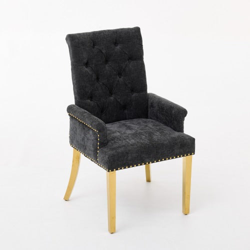 Single Black Tufted High-Back Chenille Arm Dining Chair, Nailhead Trim, S-Spring Cushion, Polished Stainless Steel Legs
