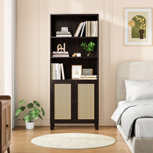 Walnut Tall 5-Tier Bookshelf With Rattan Closed Doors Large-Capacity Wooden Home Library Storage Bookcase