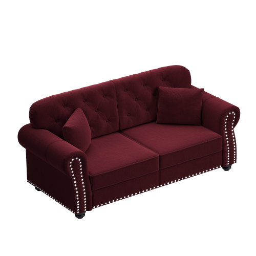 63 inch  Burgundy Mid-Century Velvet Sofa, Nailhead Trim, Rolled Arms, 2 Pillows