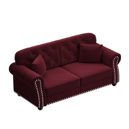 63 inch  Burgundy Mid-Century Velvet Sofa, Nailhead Trim, Rolled Arms, 2 Pillows