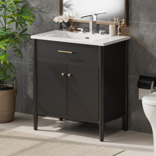 31" Bathroom Vanity with Sink, Bathroom Cabinet with Soft Close Doors and Adjustable Shelf, Curved Profile Design, Rubber Wood Legs, Black