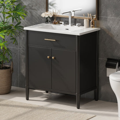 31" Bathroom Vanity with Sink, Bathroom Cabinet with Soft Close Doors and Adjustable Shelf, Curved Profile Design, Rubber Wood Legs, Black