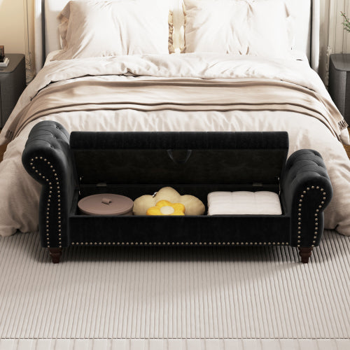 64.5inch  Bed Bench for Bed Room Nails Tufted Chaise of Lounge with Storage Velvet Upholstery Black