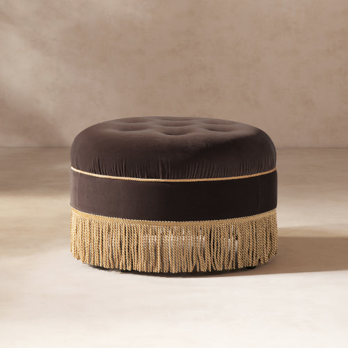 24 inch Round Upholstered Accent Ottoman, Deep Brown Performance Velvet Round Decor Stool