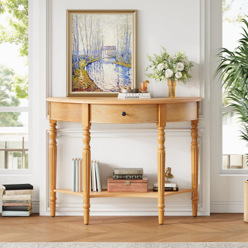 Half Moon Console Table with Drawer & Shelf - Rustic Accent Table, Sofa Table for Entryway, Living Room, Hallway and Foyer (Natural)