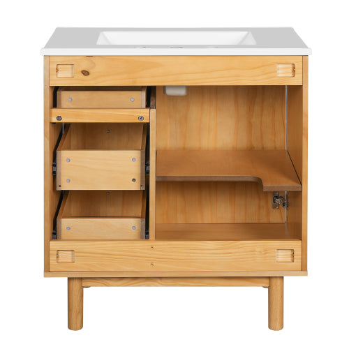 30 Inch Bathroom Vanity with Ceramic Sink, Bathroom Vanity with 3 Drawers, 1 large Soft Closing Door, Farmhouse Bathroom Storage Cabinet , Ideal for Home
