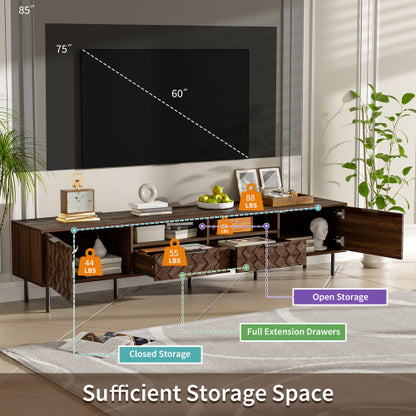 78.7 inch Walnut 3D Diamond Texture TV Stand Heavy Iron Leg Media Console Fits 85 inch TV