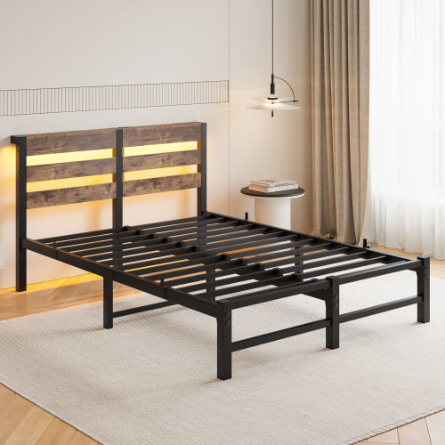 Full Size  Metal Bed Frame with Wooden Headboard, RGB Lights,  Charger, Storage Shelf, Noise-Free, No Box Spring Needed,Rustic Brown