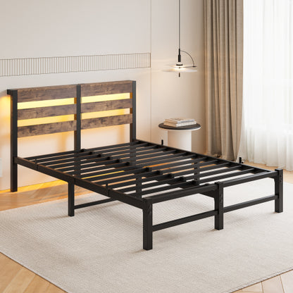 Full Size  Metal Bed Frame with Wooden Headboard, RGB Lights,  Charger, Storage Shelf, Noise-Free, No Box Spring Needed,Rustic Brown