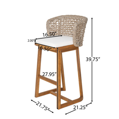 Outdoor Acacia Wood Bar Stools (Set of 2), Teak Finish Bar Height Chairs with Beige Cushion & Light Brown Wicker Back, Counter Height Stools for Patio, Poolside, Kitchen Island