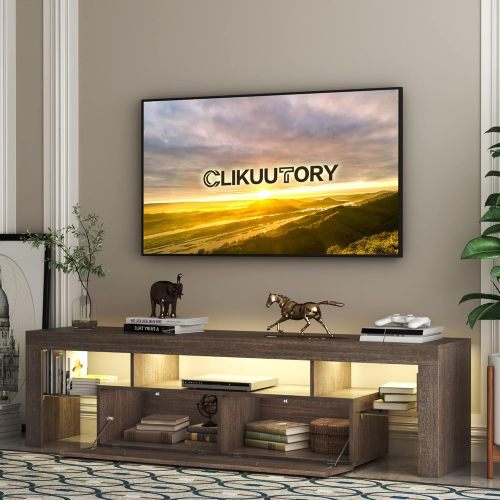 Farmhouse Brown LED TV Stand, Glossy Entertainment Center with Drawers for Up to 75 Inch TV