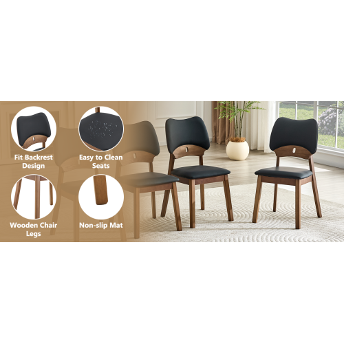 Set of 2 Walnut Wood Dining Chairs, Black PU Upholstered Hollow Back Modern Kitchen Chairs