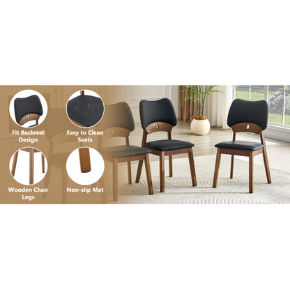 Set of 2 Walnut Wood Dining Chairs, Black PU Upholstered Hollow Back Modern Kitchen Chairs