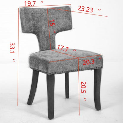 Set of 2 Gray Linen Mid-Century Farmhouse Dining Chairs, Copper Nail Curved Back Walnut Solid Wood Legs 300lbs Capacity