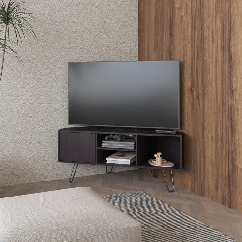Corner Minimalist TV Stand with 3 Open Shelves & Single Door Storage Cabinet for Bedroom Living Room